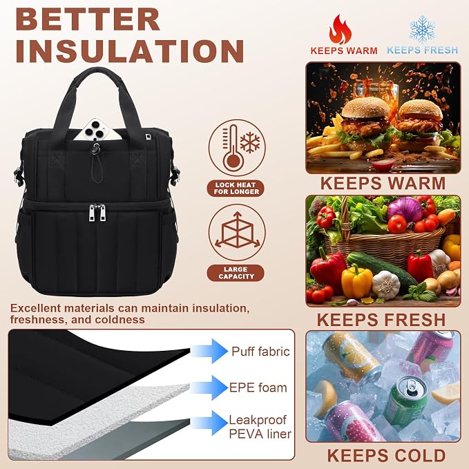 LOIDOU Lunch Bag for Women Men, Double Layer Leakproof Lunch Box, Insulated Quilted Reusable Tote Bags Large Capacity Work Lunchbox for Adult, Office, Nurse, Teacher