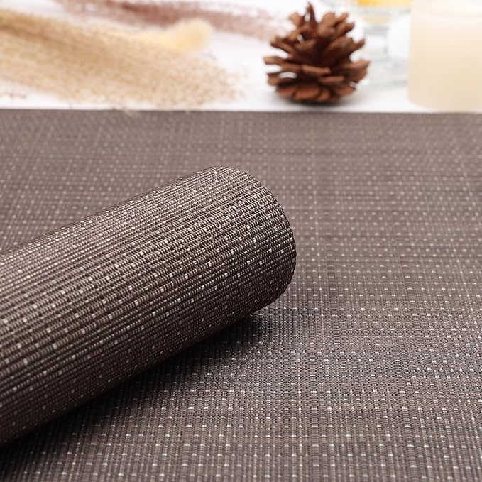 Myir JUN Placemats Set of 6, Vinyl Woven Placemats Place Mats Indoor Washable Table Mats Non-Slip Place mats for Dining Table (Coffee, Set of 6)