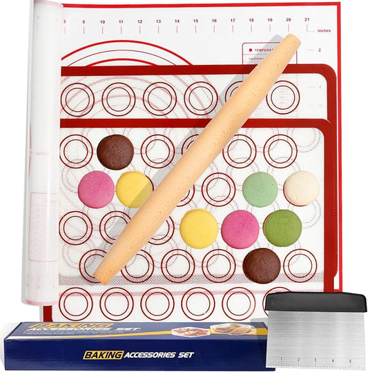 Silicone Baking Mat Sets, Dough Mat with Macaron Baking Mat Pastry Cutter Rolling Pin,Food Safe Pastry Mat, Reusable Cookie Sheets Liner