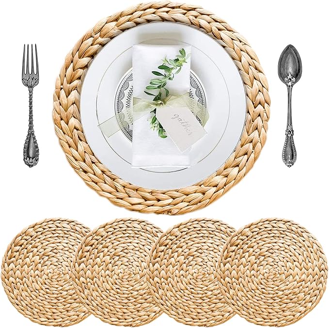 Woven Placemats Set of 4, Table Mats Set of 4, Water Hyacinth Round Placemats for Round Table, Chargers for Dinner Plates, Wicker Chargers for Dinner Plates, Woven Placemat, Place Mats 13.4 in