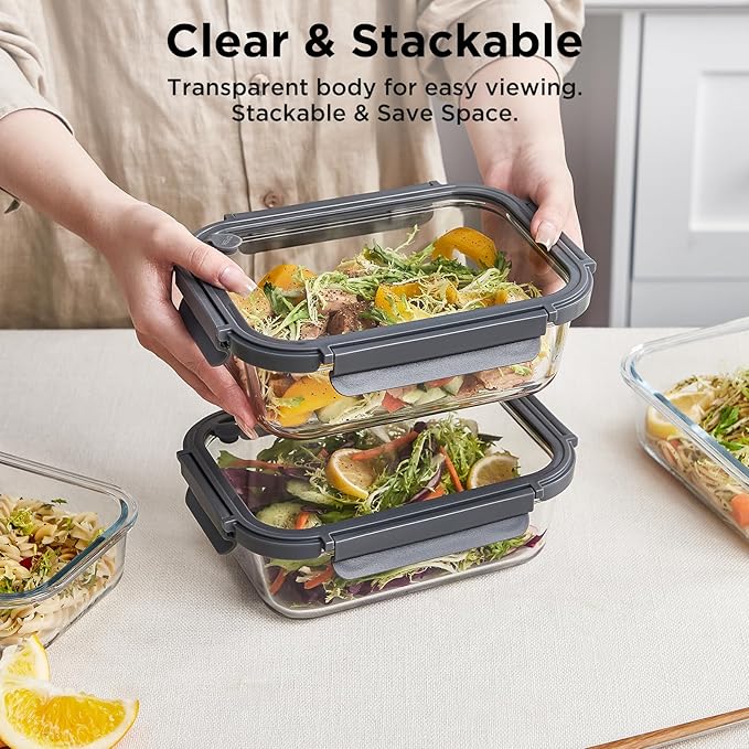 Glass Food Storage Containers with Glass Lids, 4 Pack of 22oz, Meal Prep Container with Airtight Lids, Microwave Safe Food Container Set, BPA Free, LeakProof, Ideal for Lunch
