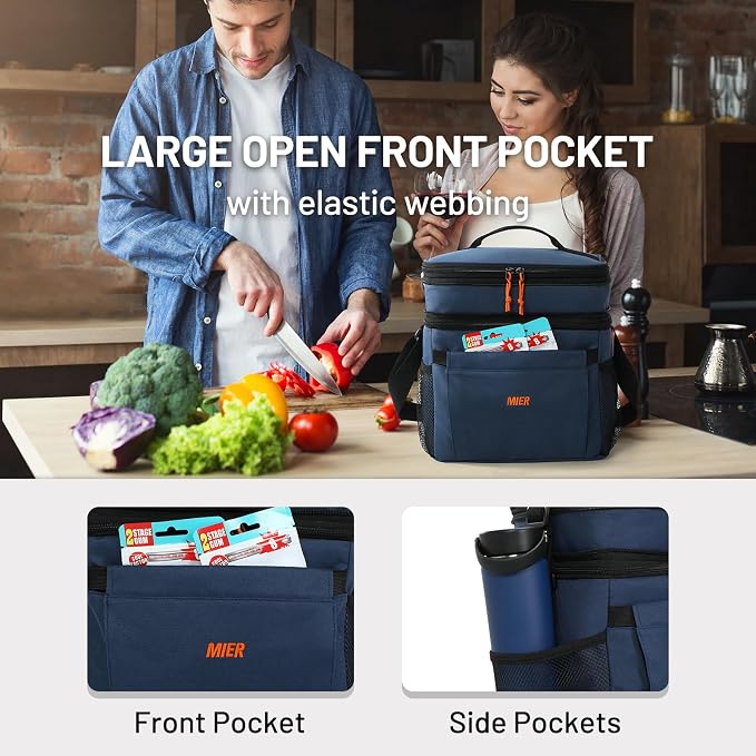 MIER Lunch Box for Men Expandable Insulated Dual Compartment Lunch Bag Leakproof Cooler Bag with Front and Back Pockets for Adult Work Travel Picnic Beach, Blue