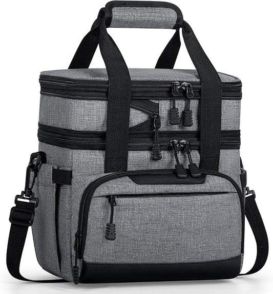 Large Lunch Box for Men/Women Dual-Compartment Insulated Lunch Bag,Adults Expandable Leakproof Cooler Bag Lunch Tote with Adjustable Shoulder Strap for Work Camping Picnic,Grey 24-Can(14L)