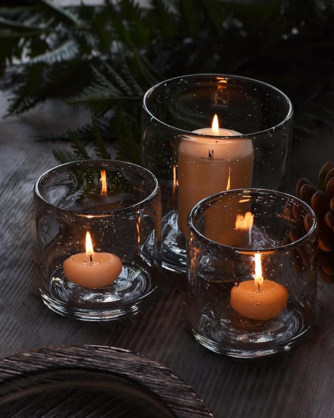 Glass Candle Holder Set 3 Clear Seeded Bubbles Modern Farmhouse Centerpieces Coffee Table Rustic Hurricane Cylinders Pillar Votive Tealight