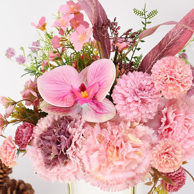 Artificial Pink Carnation and Orchid Flower Arrangement in White Ceramic Vase with Gold Stand (Pink)