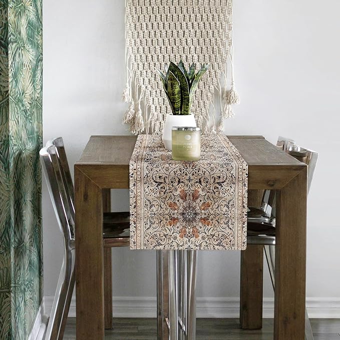 Snycler Table Runner Boho Table Runners Vintage Elegant Farmhouse Table Center Linen Decor for Home Dining Party Entrance (13x108 Inch) Boho-Brown