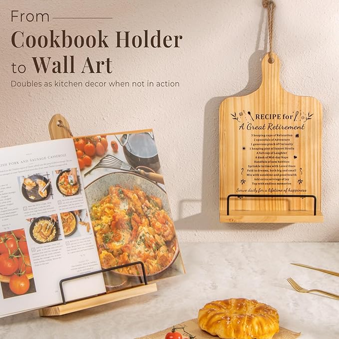 PUERSI Cookbook Stand, Retirement Gift for Woman, Wooden Recipe Book Holder, Happy Retirement Gifts Ideas, Adjustable Cook Book Stand for Kitchen Counter