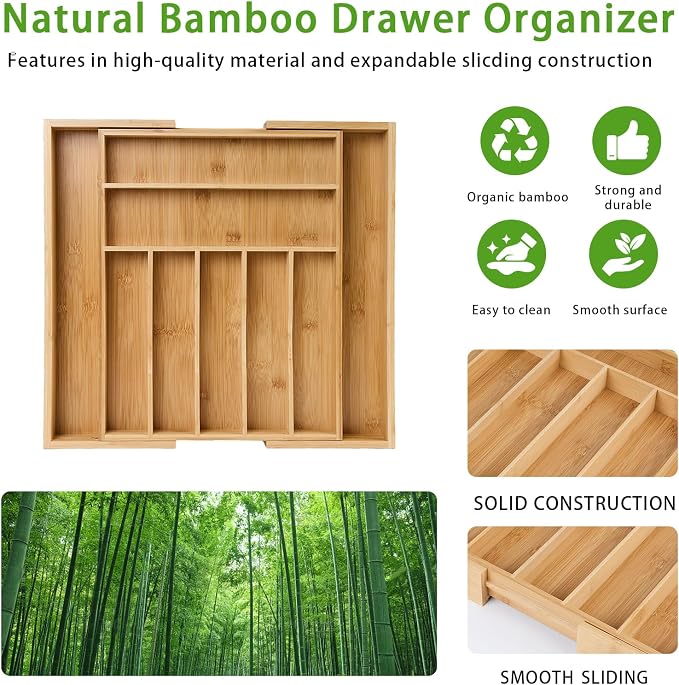 Bamboo Expandable Silverware Drawer Organizer, Adjustable Utensil Tray Cutlery Holder for Kitchen Drawer, Flatware Storage Organizer for Spoons, Forks and Knives, Natural (7 Slot,)