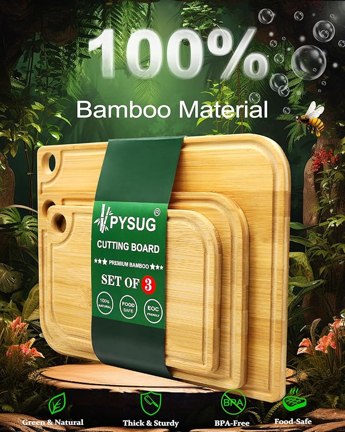 3Pcs Bamboo Cutting Boards for Kitchen, Healthy Wooden Cutting Boards for kitchen, Charcuterie, Vegetables, Cheese, Chopping Boards with Deep Juice Groove and Handle, Natural