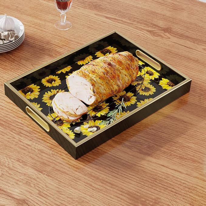 Sunflower Black Decorative Tray Set of 2, Plastic Serving Tray with Handles, Rectangular Coffee Table Tray, Nesting Trays for Living Room, Bathroom, Ottoman