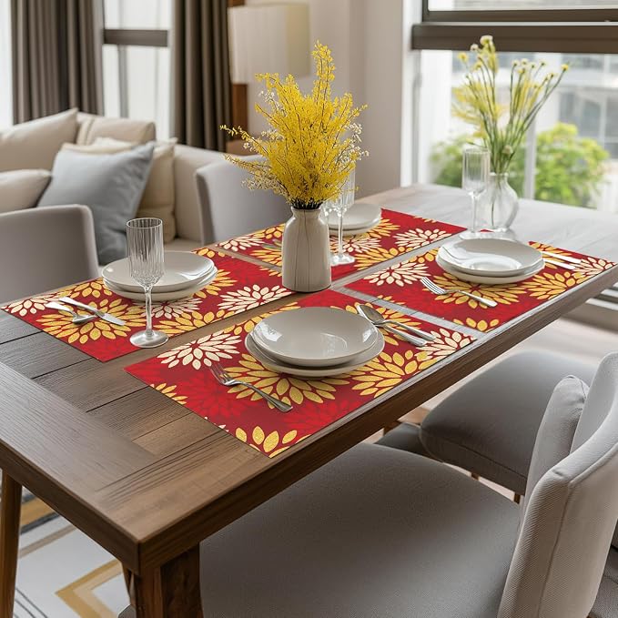 Artoid Mode Floral Vinyl Placemats Set of 4, 12x18 Inch New Year Washable Non-Slip Plastic Vinyl Place Mats for Party Kitchen Dining Decor, Red