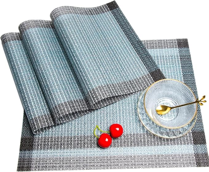 Niviy Blue Grey Ethnic Boho Placemats Set of 6, 12x18 Inch Linen Burlap Washable Durable Art Table Mats for Holiday Party Kitchen Dining Room Decoration