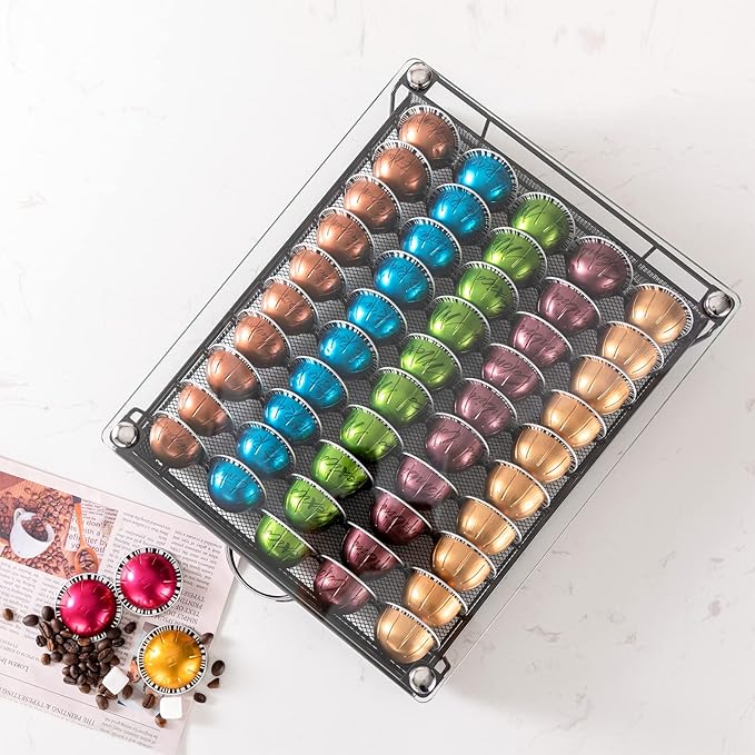 Coffee Vertuo Capsule Holder Drawer for Nespresso With Glass For Cabinet Vertuoline Pod Storage Rack For Counter (Class-50 Pods（With handle）)