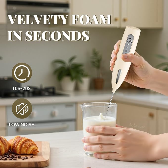 Electric Milk Frother, Three speed adjustment, USB Rechargeable Cordless Hand Blender with Sticky Stand Included, Portable Kitchen Stainless Steel Egg Beater, Mixed Drinks, Coffee Stirrers (Beige set)