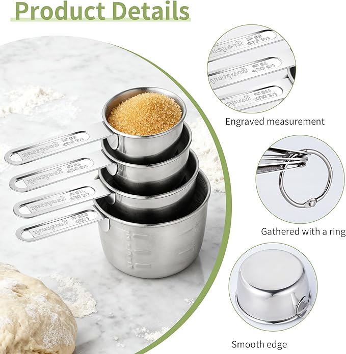 Measuring Cups 4 Pieces, Stainless Steel Measuring Cups, Stackable Design with Metal Handle for Dry and Liquid Ingredients, Ideal for Cooking & Baking