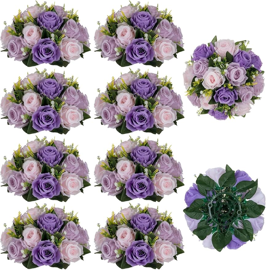BLOSMON Wedding Rose Centerpieces Tables: Purple Lilac Pink Fake Roses | 10 Pcs Faux Flowers Balls Arrangement for Table Decor - Artificial Silk Floral Bouquet with Base Party Reception Decorations