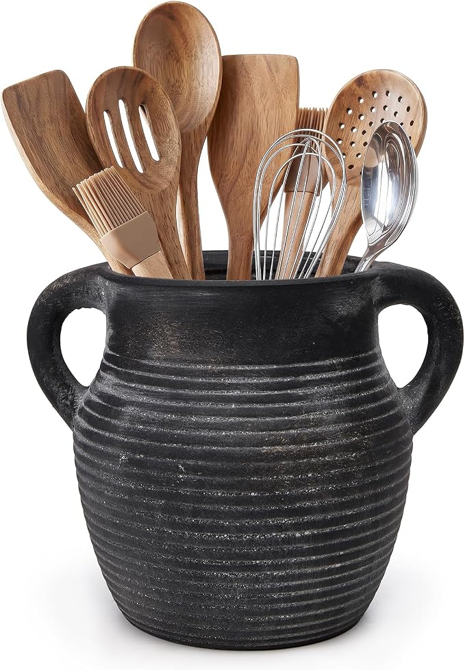 Rustic Utensil Holder for Kitchen Counter - Large Ceramic Farmhouse Cooking Utensil Crock & Organizer for Spatula, Spoon-Vintage Kitchen Decor (Charcoal)