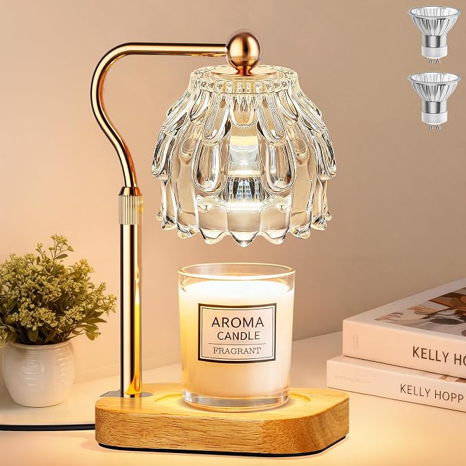 Candle Warmer Lamp with Timer Dimmer, Modern Wax Warmer for Scented Wax Jar Candle Warmer with 2 Bulbs, Adjustable Height Glass Lamp for Gifts for Women, Home Decor, Gold Clear