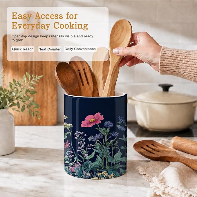 Wildflower Spring Floral Kitchen Utensil Holder,Garden Flowers Large Ceramic Utensil Crock for Countertop,Cooking Utensil Organizer for Spatulas, Spoons