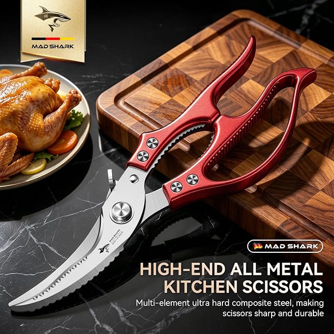 MAD SHARK Professional Heavy Duty Poultry Shears - Kitchen Shears for Spatchcocking Chicken and Meat Cutting, Multi-Purpose Kitchen Scissors for Food, Spring-loaded (Red)