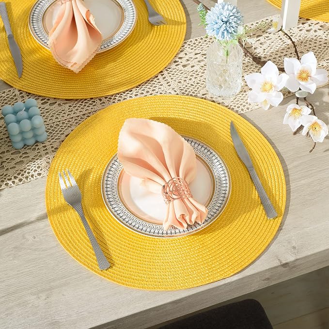 AHHFSMEI Round Placemats Set of 6 Heat Resistant Washable Non-Slip Woven Braided Table Mats for Dining Table Kitchen & Home Decor (Yellow)
