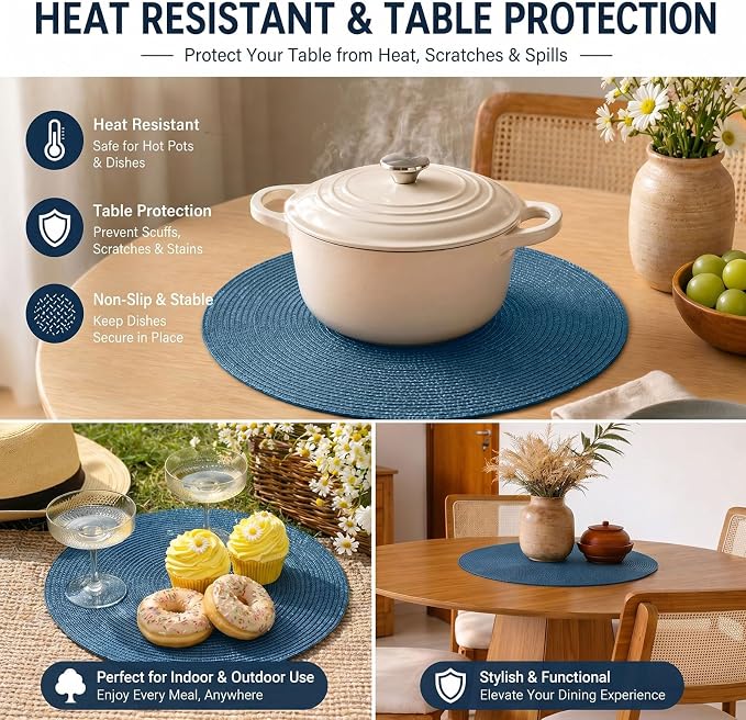 FunWheat Round Braided Placemats Set of 4 Table Mats for Dining Tables Woven Washable Non-Slip Place mats 15inch (Blue, 4pcs)