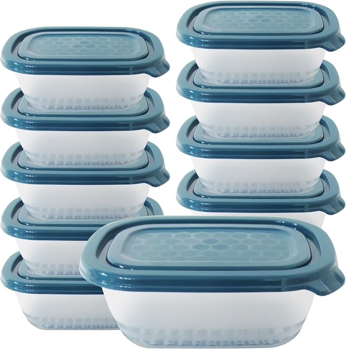 Neez 17OZ Small Freezer Storage Containers (2 Cups) - Plastic Food Storage Containers with Lids - Ideal For Snacks & Meal Prep - BPA Free, Reusable, Microwavable & Dishwasher Safe (10PCS - Blue Lids)