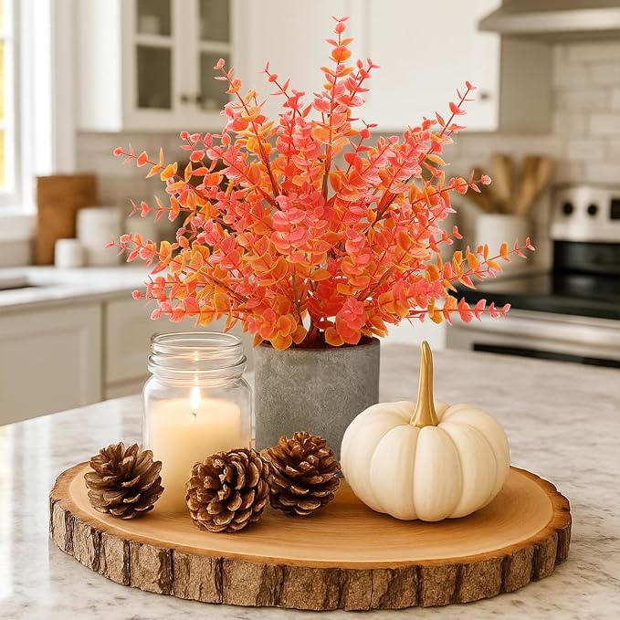 Coferset 2 Pack Fall Small Fake Plants 14" Eucalyptus Potted Artificial Plants Fall Decorations for Home Shelf Office Bathroom Desk Farmhouse Room Coffee Table Decor Fall Decor (Fall Orange-Large)