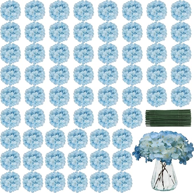 Artificial Hydrangea Flowers Bulk 64PCS Silk Hydrangea Heads with Stems for Vase Fillers, Floral Arrangements, Wedding Centerpieces, Home Table Decorations