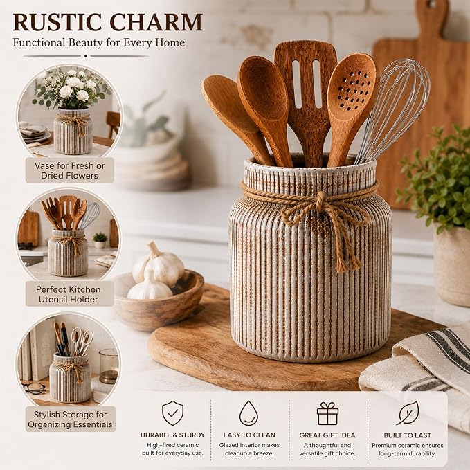 Farmhouse Ceramic Kitchen Utensil Holder for Countertop,Retro Country-Style Vertical-Striped Hemp Rope Design,Modern Kitchen Counter Organizer for Cooking Utensils ,Kitchen Decor & Decorative Vase
