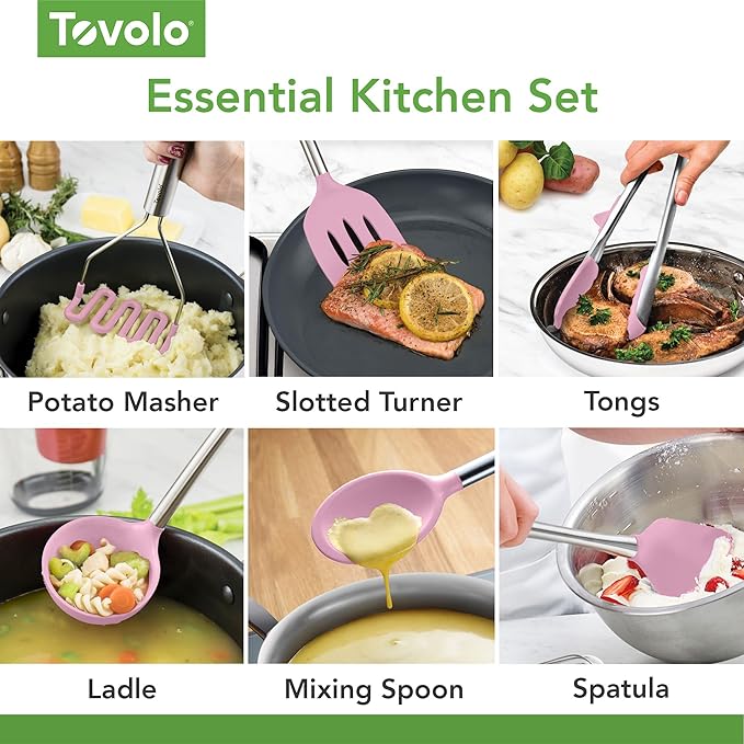 Tovolo Silicone Cooking Utensil Set of 6 Pink Sorbet Ladle Slotted Turner Tongs Flex Core Spatula Scraper Mixing Spoon and Potato Masher, Dishwasher Safe BPA Free Silicone Kitchen Utensils