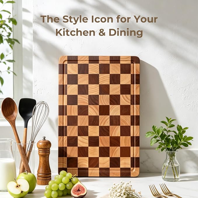Checkered Cutting Board for Kitchen - Checkerboard Wood Chopping Board with Juice Groove & Handle, End Grain Wooden Checker Kitchen Board for Cooking, Serving and Decor