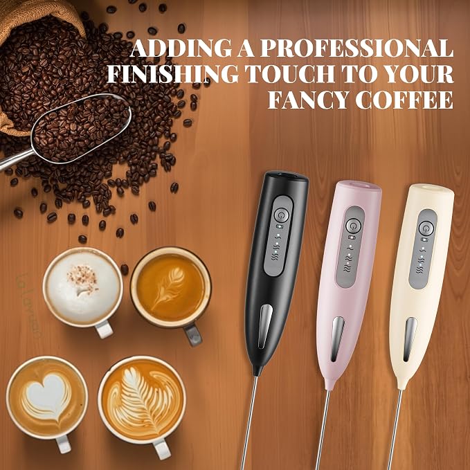 Electric Milk Frother, Three speed adjustment, USB Rechargeable Cordless Hand Blender with Sticky Stand Included, Portable Kitchen Stainless Steel Egg Beater, Mixed Drinks, Coffee Stirrers (Pink)