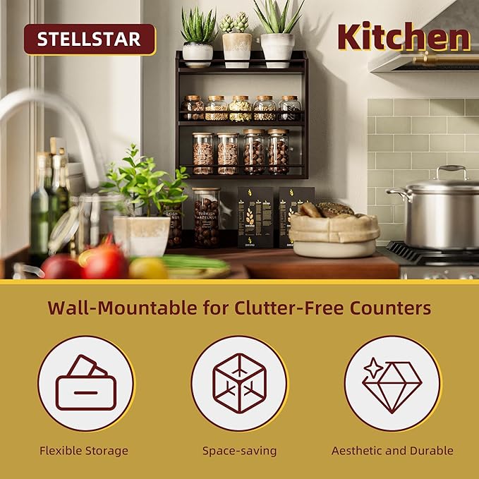 STELLSTAR 3 Tier Bamboo Wood Spice Rack, Seasoning Bottles Jars Organizer Shelf for Spices or Craft Supplies, Kitchen Counter or Wall Mounting (Brown)