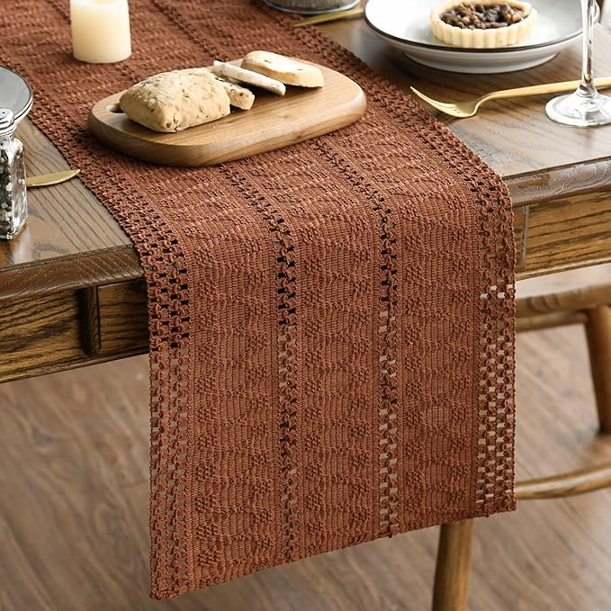 Artoid Mode Caramel Farmhouse Woven Rustic Hollow Table Runner, Seasonal Holiday Hollow Kitchen Dining Table Decoration for Home Party Decor 12x72 Inch