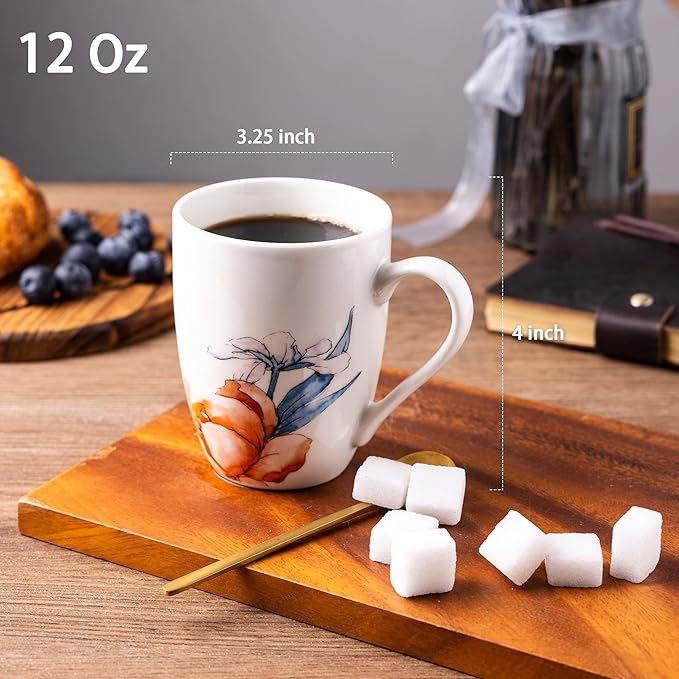 GBhome 12oz Coffee Mugs Set fo 6, Ceramic Coffee Mugs with Decaled Flowers for Man Woman Mom Dad, Light Weight Coffee Mugs Set for Latte/Cappuccino/Cocoa/Milk, Dishwasher & Microwave Safe
