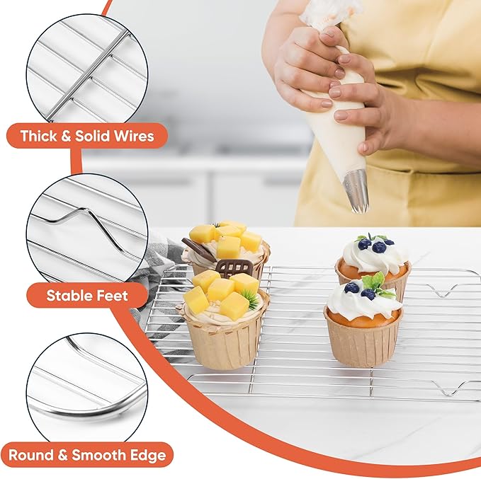 Homikit Stainless Steel Cooling Racks Set of 2, 11.6”*9.1” Heavy Duty Wire Baking Rack for Cooking Roasting Grilling Bacon Cake Cookies, Non Toxic & Rust Free