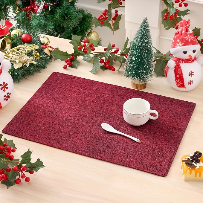 homing Faux Cotton Linen Placemats Set of 6, Cloth Washable Farmhouse Dining Table Mats for Indoors & Outdoors, Easy to Clean, Red, 13 x 19 Inch