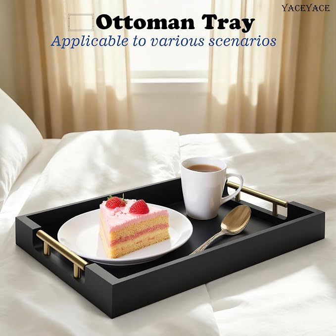 Wood Serving Tray with Metal Handles, 15.75" x 11.8" x 1.7" Black Serving Tray for Home Decorative, Rectangle Wooden Trays for Ottoman, Cafe