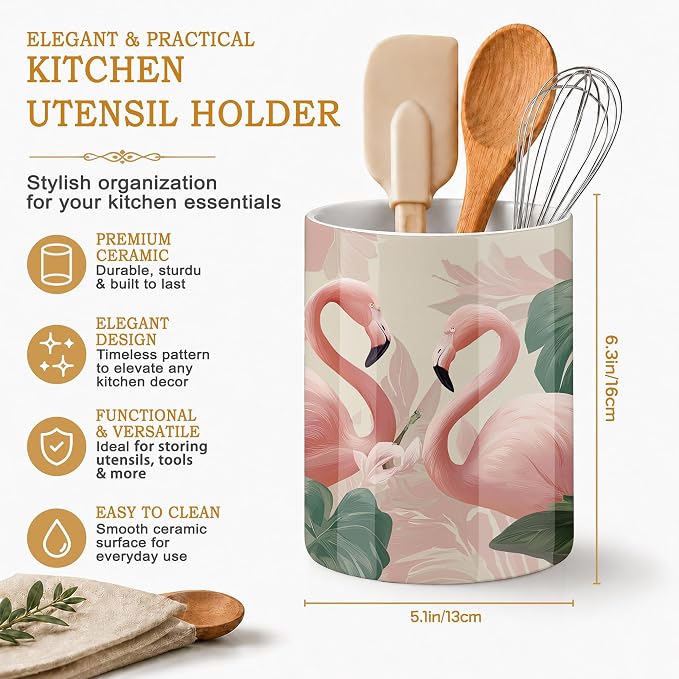 Pink Flamingos Kitchen Utensil Holder,Palm Leaf Hibiscus Large Ceramic Utensil Crock Organizer for Spatulas,Spoons and Cooking Tools,Kitchen,Home Decoration 6.3"