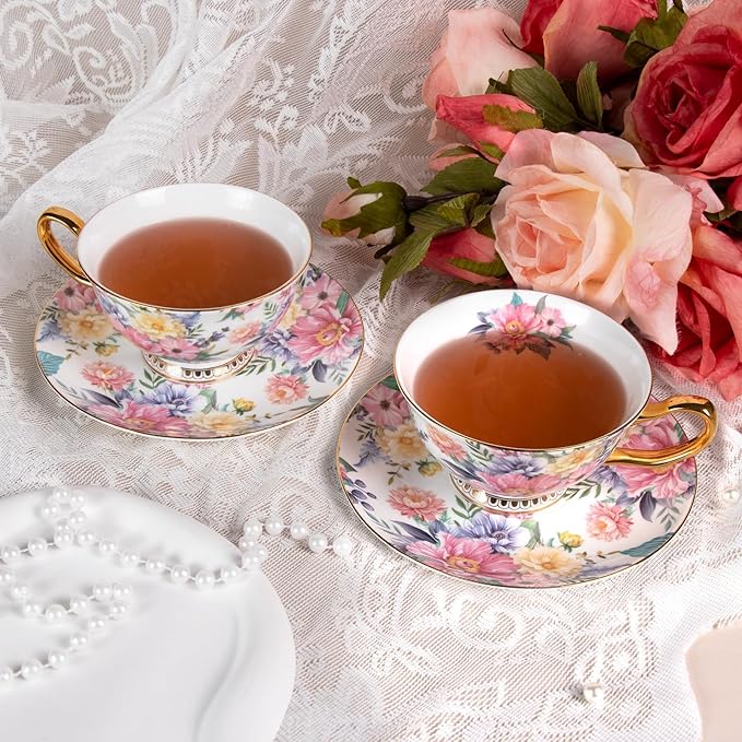 KAMMAK Tea Cups and Saucers Set of 2, Fine Bone China Coffee Cups, Stackable Espresso Mugs, Ceramic Demitasse for Coffee, Cappuccino, Latte, Americano, Tea, Blooming Flowers