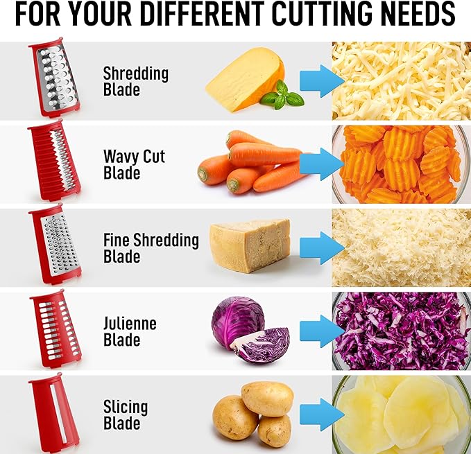 Zulay Kitchen Rotary Cheese Grater 5 Blade Cheese Shredder - Manual Hand Crank Cheese Grater With Reinforced Suction & 5 Interchangeable Drums - Easy to Use, Vegetable Chopper Round Mandoline Slicer