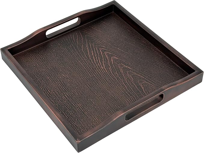 Bam & Boo Square Plastic Serving Tray 8.25" x 8.25" x 1" with Handles Wood Grain Texture Padded Bottom
