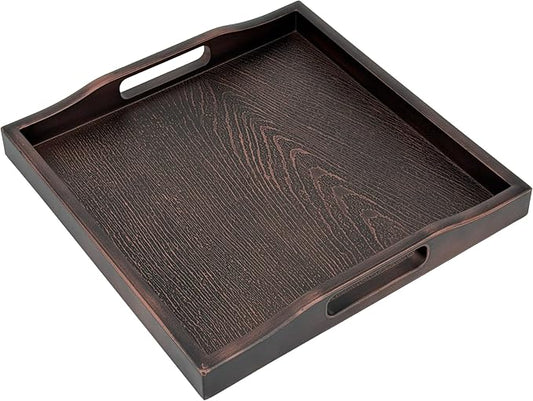 Bam & Boo Square Plastic Serving Tray 8.25" x 8.25" x 1" with Handles Wood Grain Texture Padded Bottom