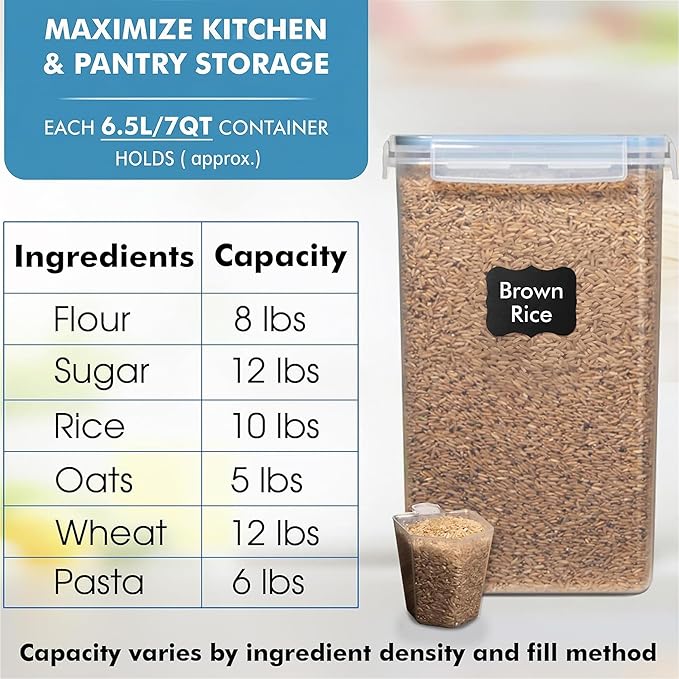 WHITE FEATHER SUPPLIES 2 PC [7 Qt / 6.5L / 220 Oz] Large Food Storage Containers with Lids Airtight - BPA Free Clear Plastic Kitchen and Pantry Storage Containers for Cereal, Flour, Sugar, Rice