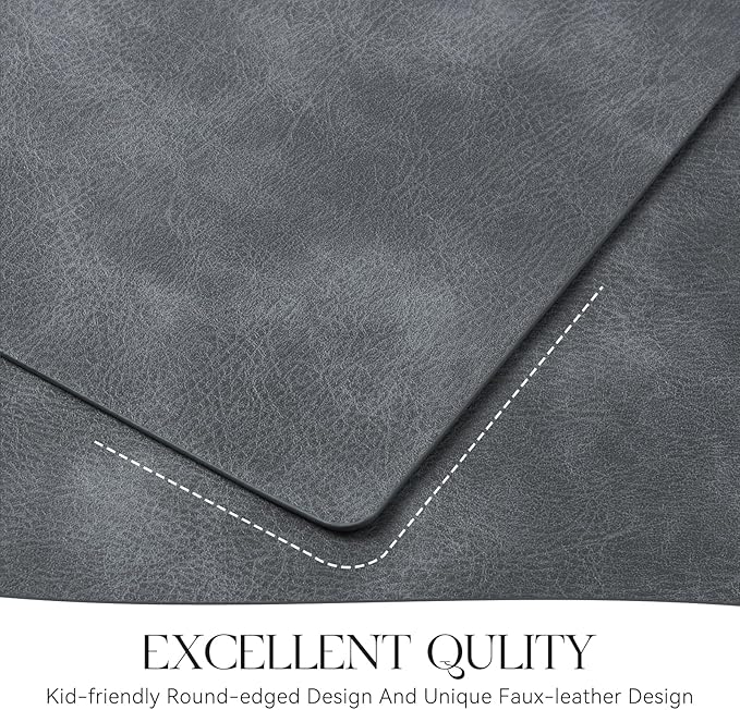 MOSAYT Vinyl Placemats Set of 8-12 X 17 Inch - Faux Leather 100% Waterproof Oil-Proof Wipeable PU Place Mats, Heat Resistant Reversible Table Mats for Kitchen, Dining, Outdoor, Grey