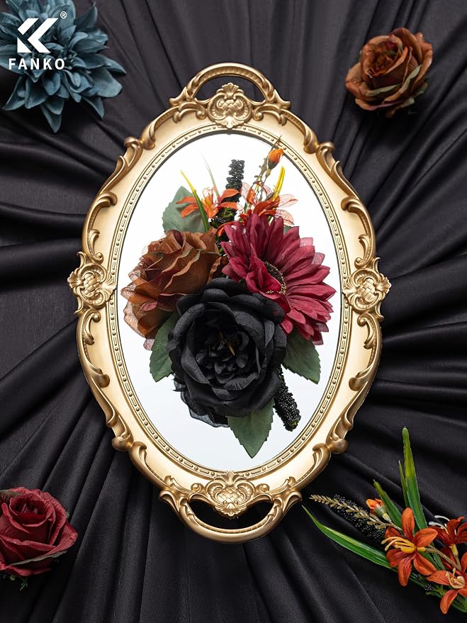 FANKO Artificial Flowers for DIY, Black Burgundy Brown Faux Flowers Bouquet, Fake Rose Dahlia Lily Silk Flowers for Vase, Home Decor, Rustic Wedding, Gothic Events, Party, Themed Birthday