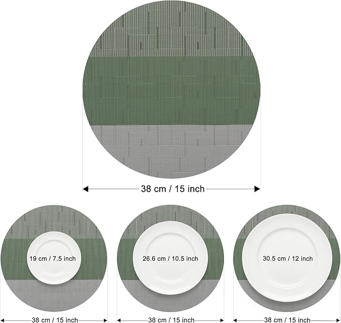 Round Placemats Set of 6, 15 Inch Woven Vinyl Heat Resistant Place Mats, Washable Non Slip PVC Table Mats for Kitchen Dining Party Outdoor Table Decor (Gray Sage Green, 6)