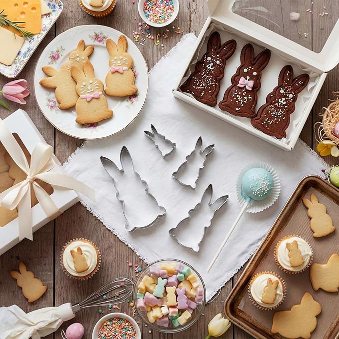 Qinyoung 4 Pcs Bunny Cookie Cutter Set- 5", 4", 3", 2" Large Stainless Steel Rabbit Cookie Cutter Fondant Biscuit Cooking Utensils for Baking for Easter Baby Shower Gender Reveal Birthday