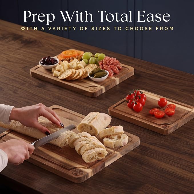 Pre-Oiled, Non Toxic 3-Piece Acacia Cutting Board Set with Stand, FSC Certified Wooden Chopping Boards, Includes 3.4 fl oz Chopping Board Oil, 3 Wood Carving Boards for Home, BBQ Kitchen, Deer & Oak